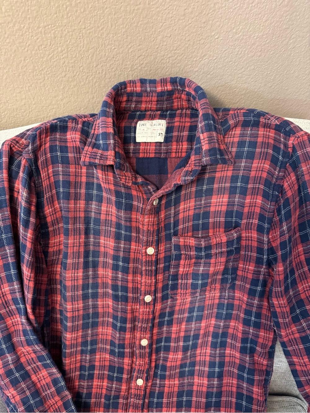 Red and Navy Plaid Button-Up Shirt